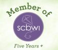 A purple circle with the words " member of scbwi five years plus ".